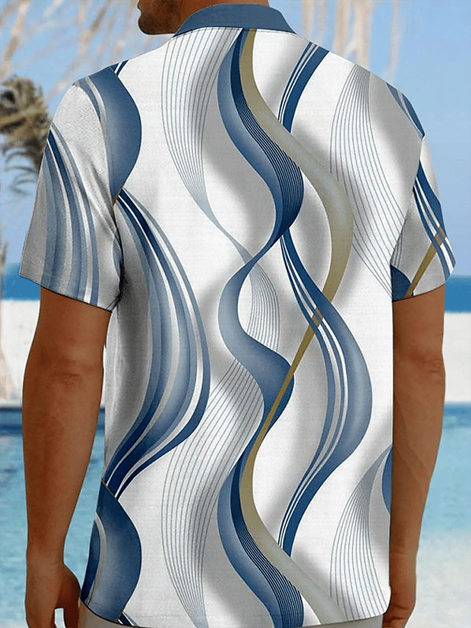 Camisa retro degradado geométrico Art estampado de manga corta bolsillos para hombre