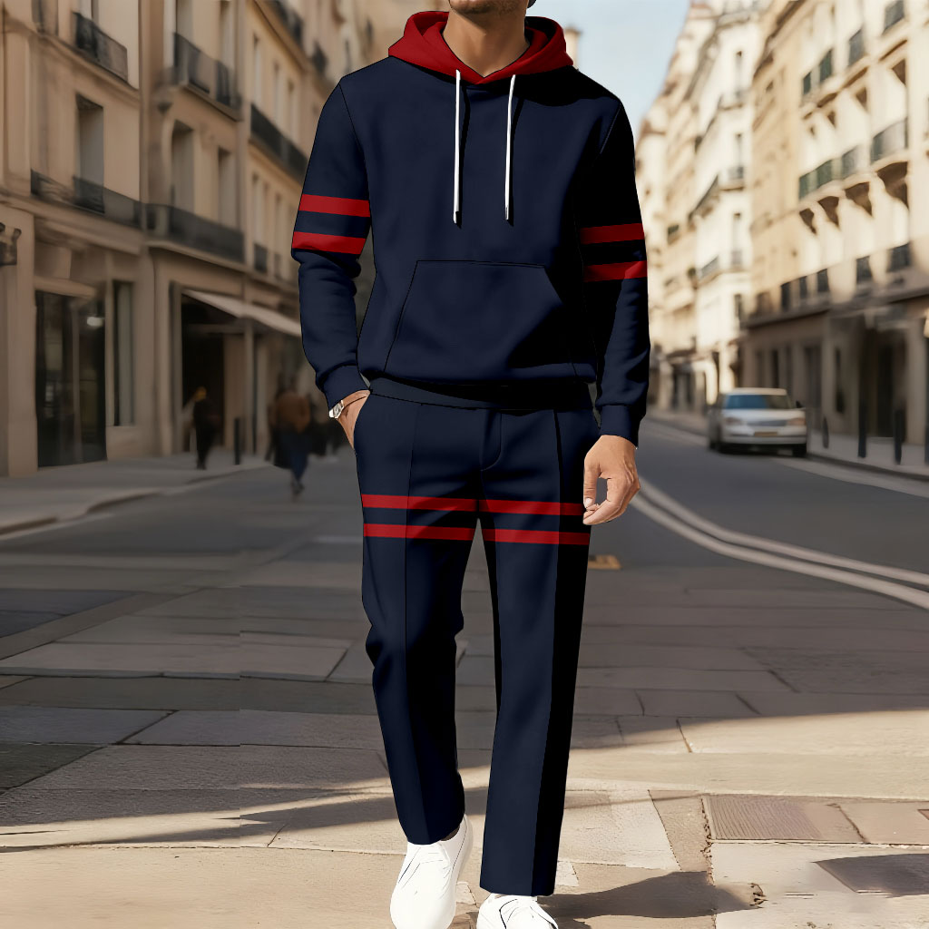 Conjunto de dos piezas casual Color Matching estampado de manga larga sudadera con capuchas sudadera & Trousers para hombre
