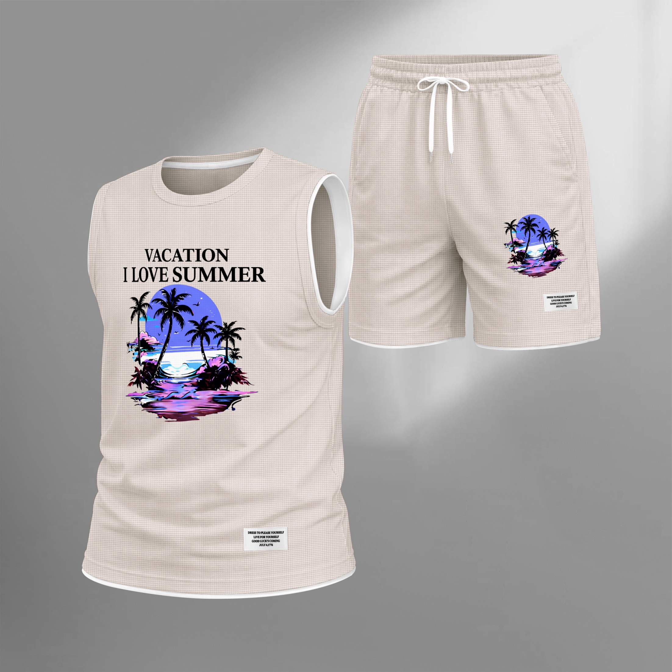 Shorts Tropical Beach Graphic estampado Summer Set Sleeveless Tank Top & Matching Outfit, Vacation Island estampado Lightweight casual Streetwear Set for Everyday & Holiday para hombre