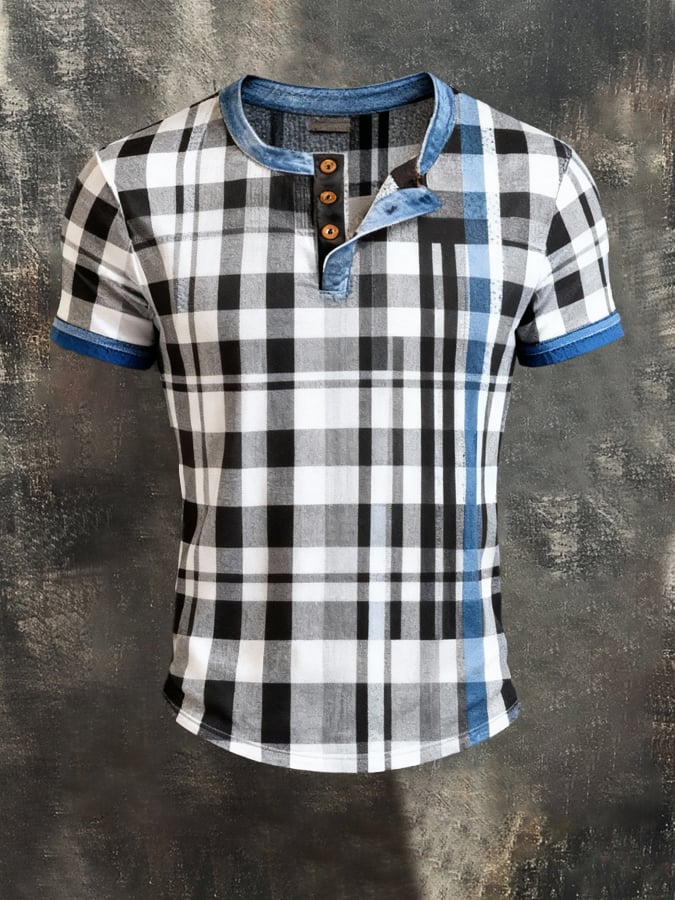 Camiseta vintage-Style Color-Block de manga corta With Henley cuello para hombre