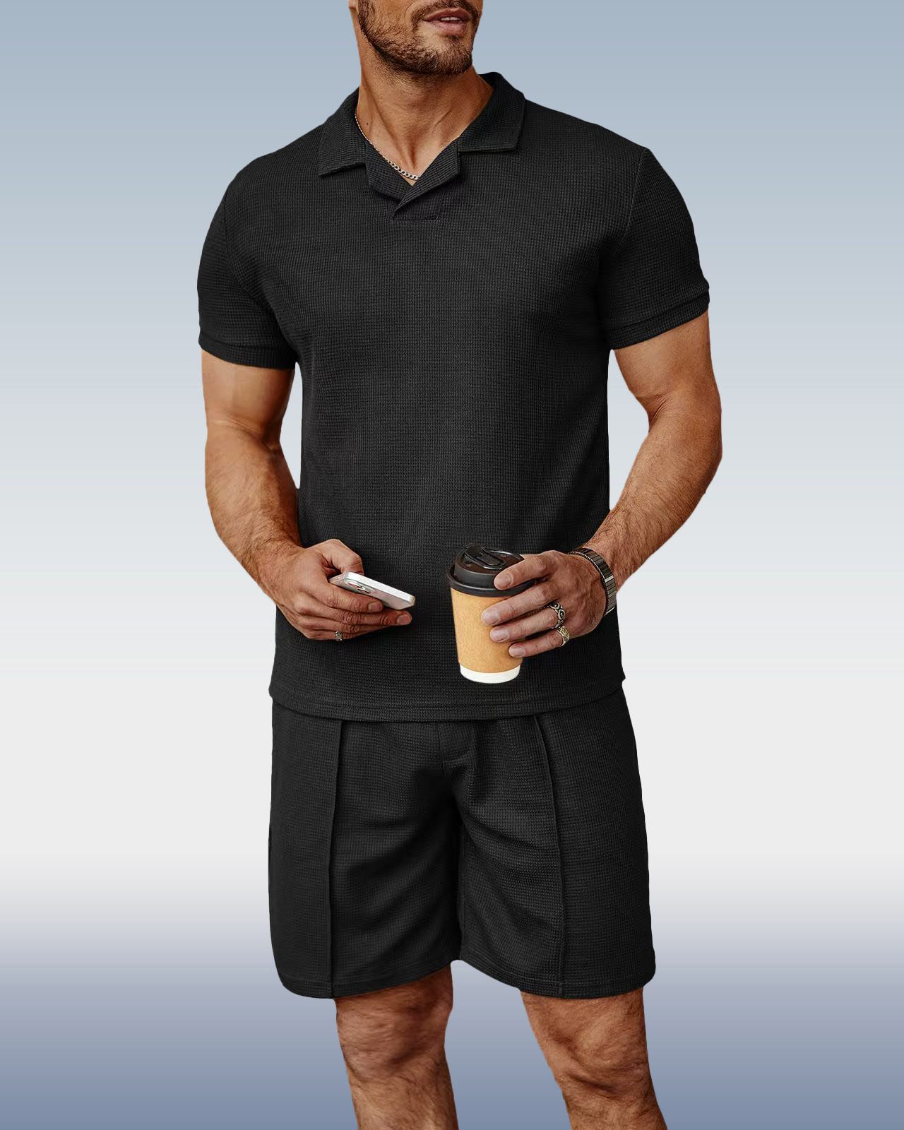 Camisa polo Suitmens Black tejido V-Neck para hombre