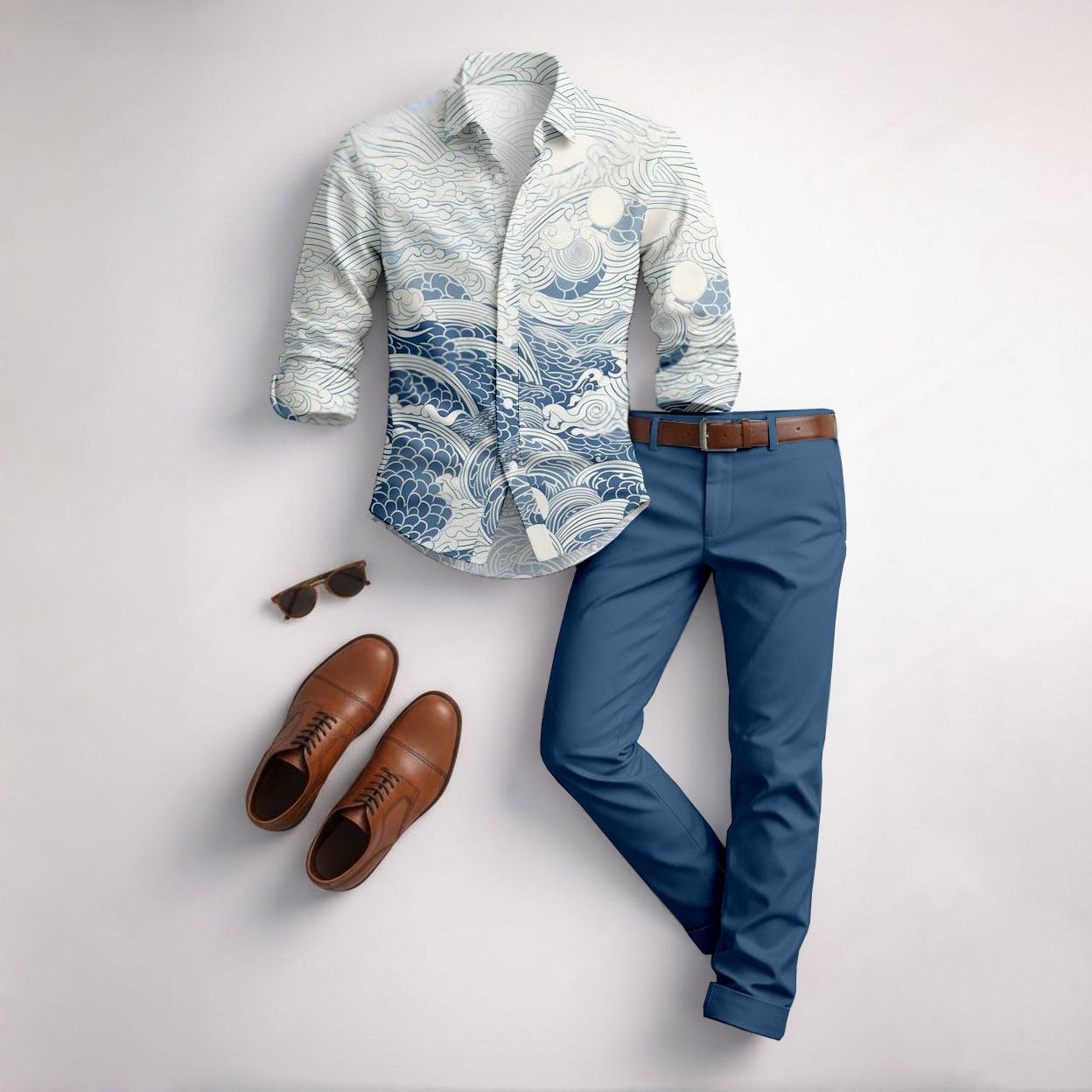 Conjunto de dos piezas casual White Waves Color Matching Geometric estampado de manga larga camisa & Trousers para hombre