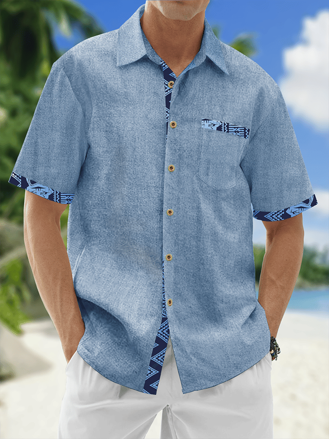 Camisa Resort Style Contrast estampado casual de manga corta para hombre