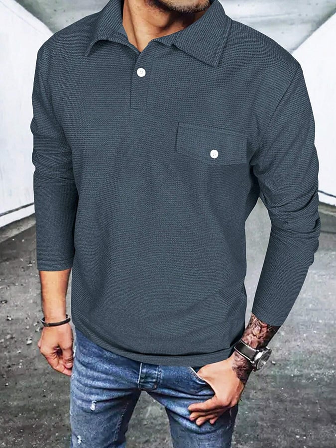 Camisa polo Waffle casual de color sólido Half Button para hombre