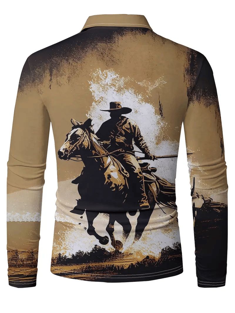 Camisa polo vintage Western Cowboy estampado de manga larga para hombre