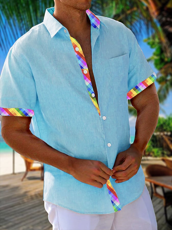 Camisa Resort Style Contrast estampado casual de manga corta para hombre