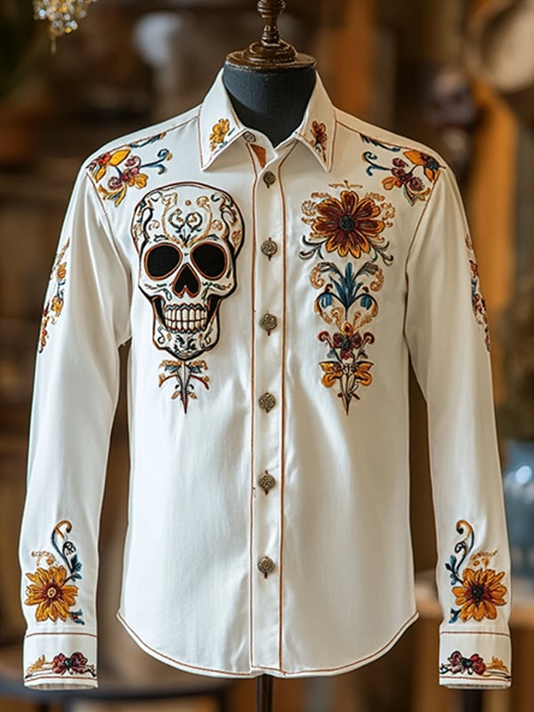 Camisa para exterior vintage Skull and floral estampado de manga larga para hombre