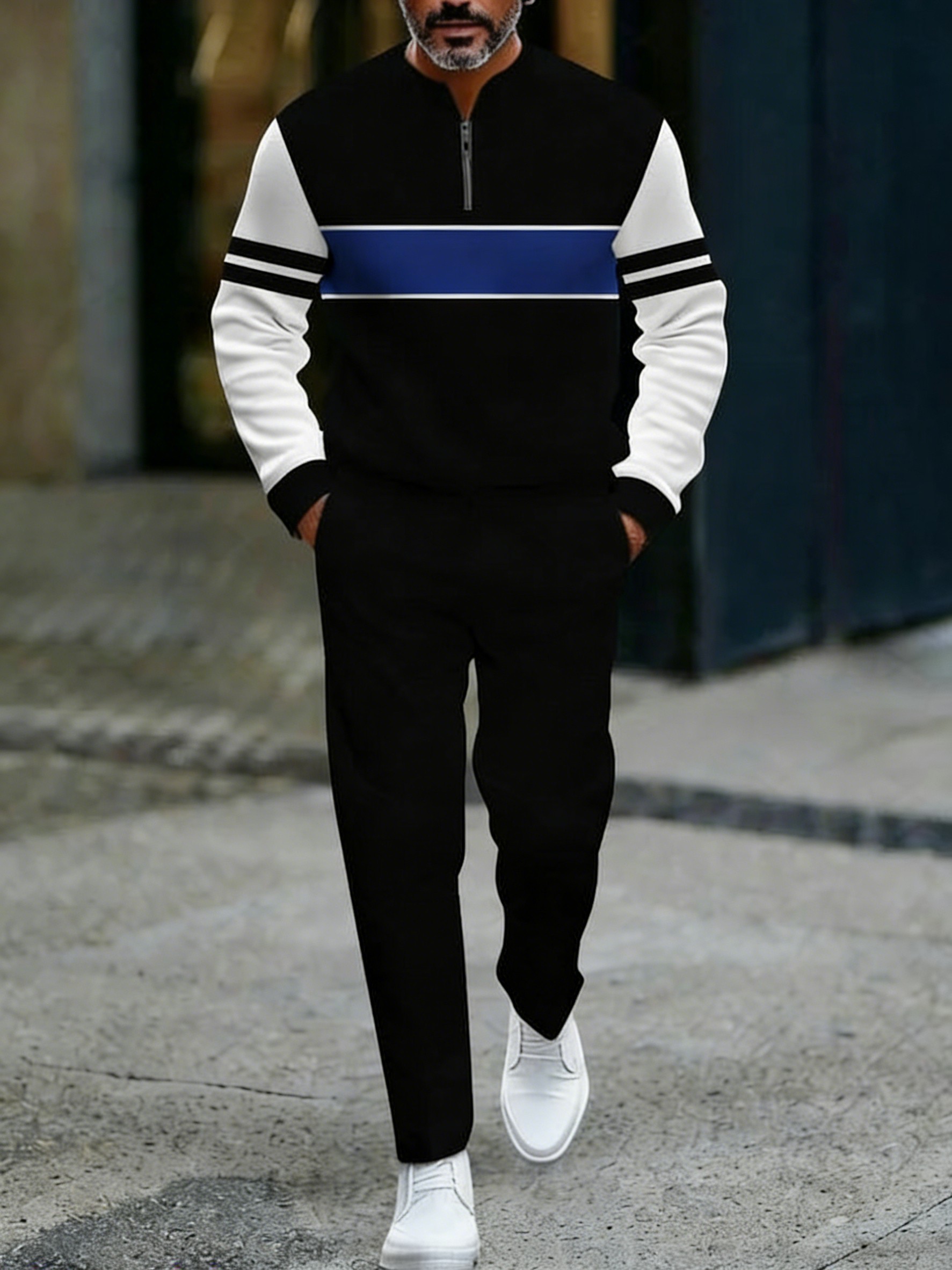 Conjunto de dos piezas casual Black & Royal Color Matching a rayas estampado Round-Neck cierre de manga larga Tops & Trousers para hombre
