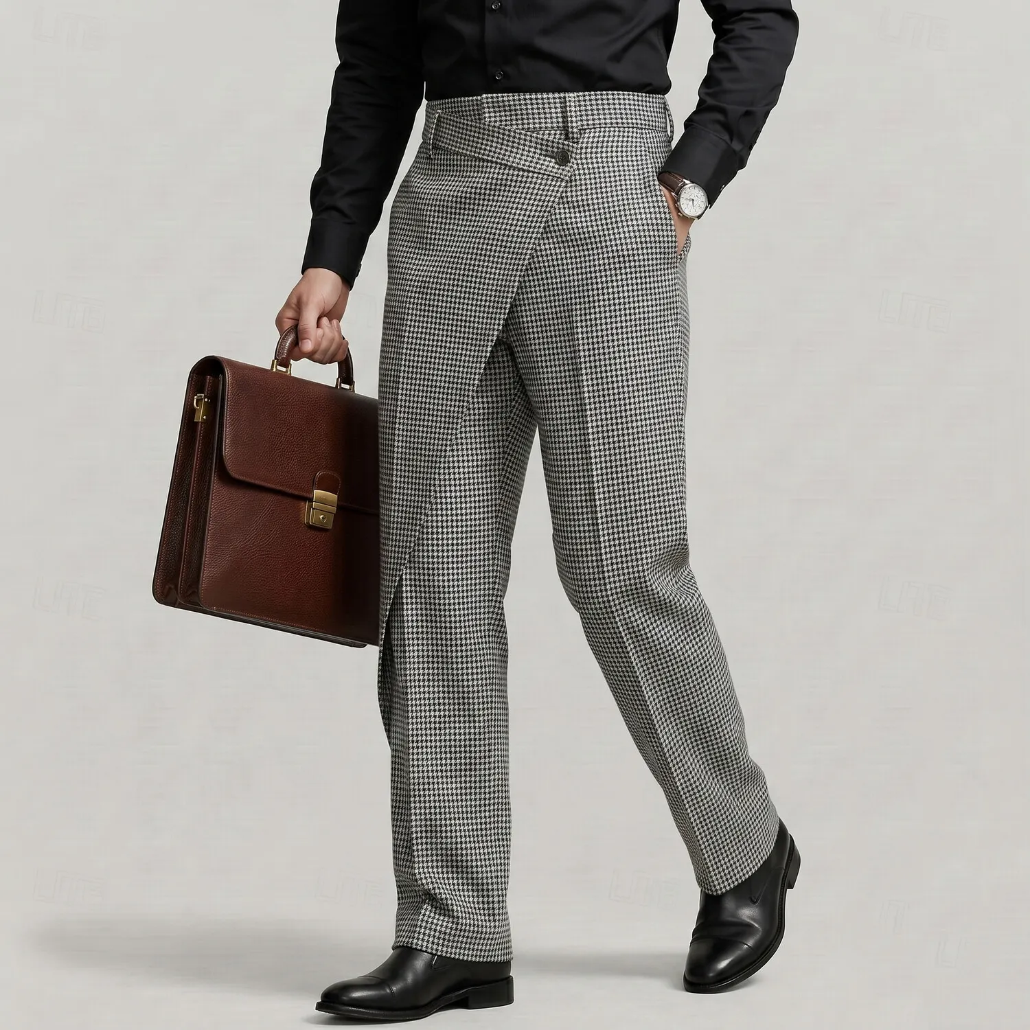 para hombre ejecutivo casual Houndstooth Pattern High Waist Asymmetrical Overlap Suit pantalón