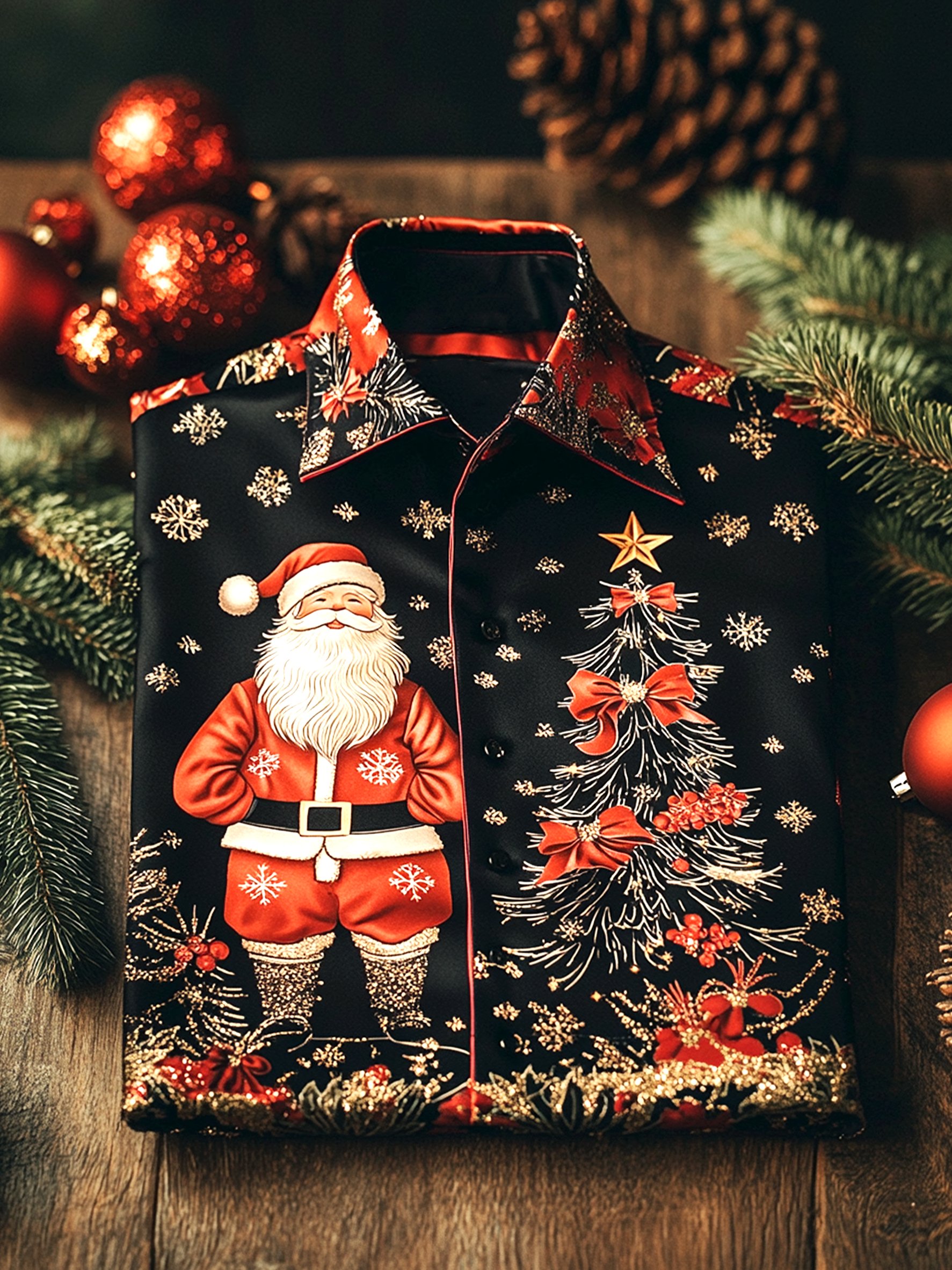 Camisa de lujo Christmas Party de manga larga con botones para hombre