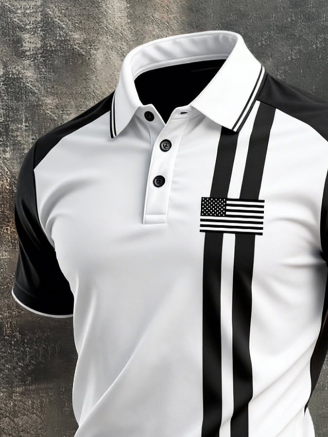 Camisa polo retro Patriotic Color-Block de manga corta para hombre