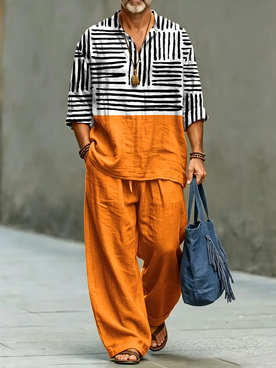 para hombre retro Abstract Print casual de lino Top And pantalón conjunto de dos piezas