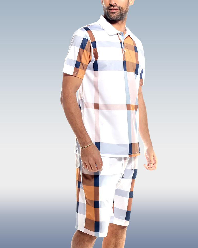 Camisa polo White a cuadros 2 Piece shorts Set para hombre