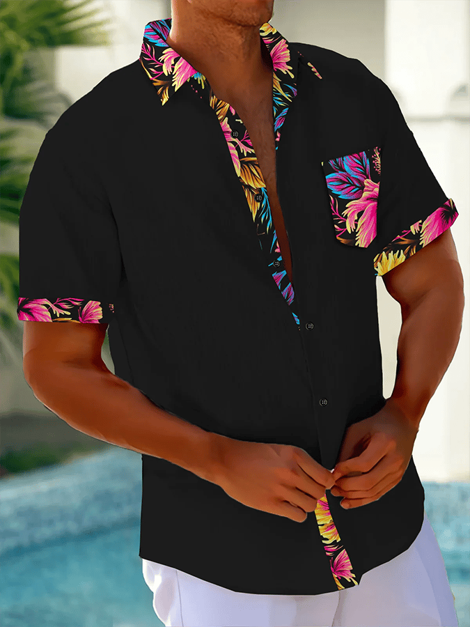 Camisa Resort Style Contrast estampado casual de manga corta para hombre
