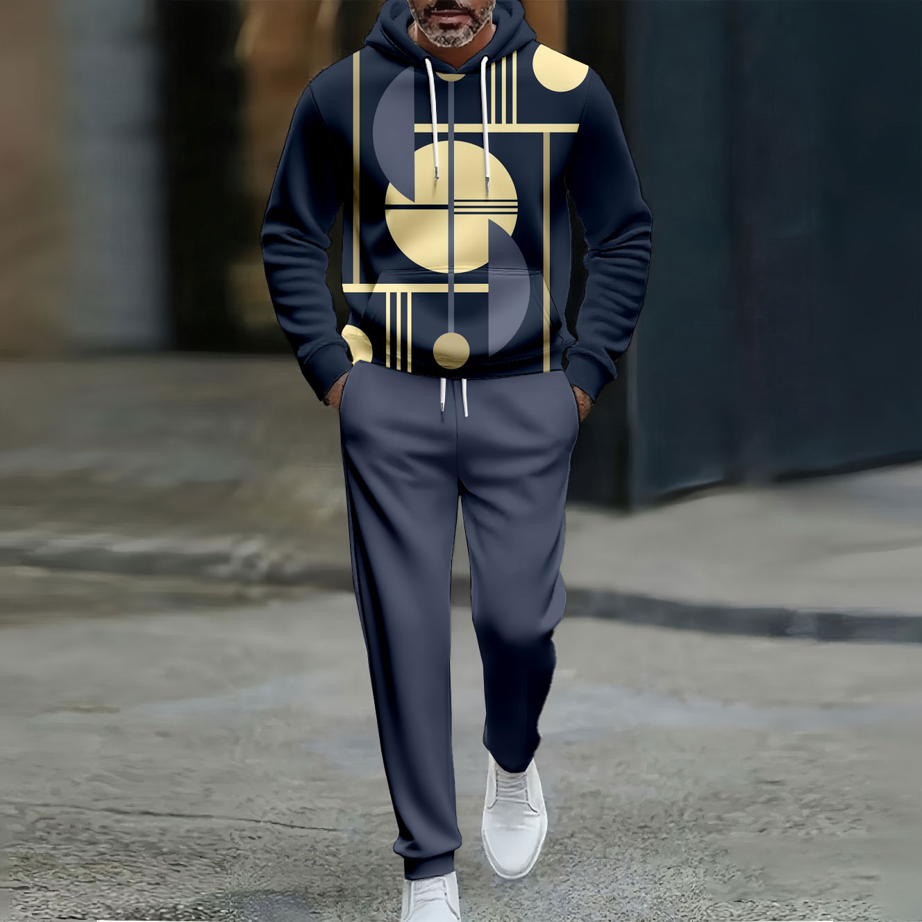 Conjunto de dos piezas casual Color Matching Geometric estampado Hooded de manga larga Trousers Navy Blue para hombre