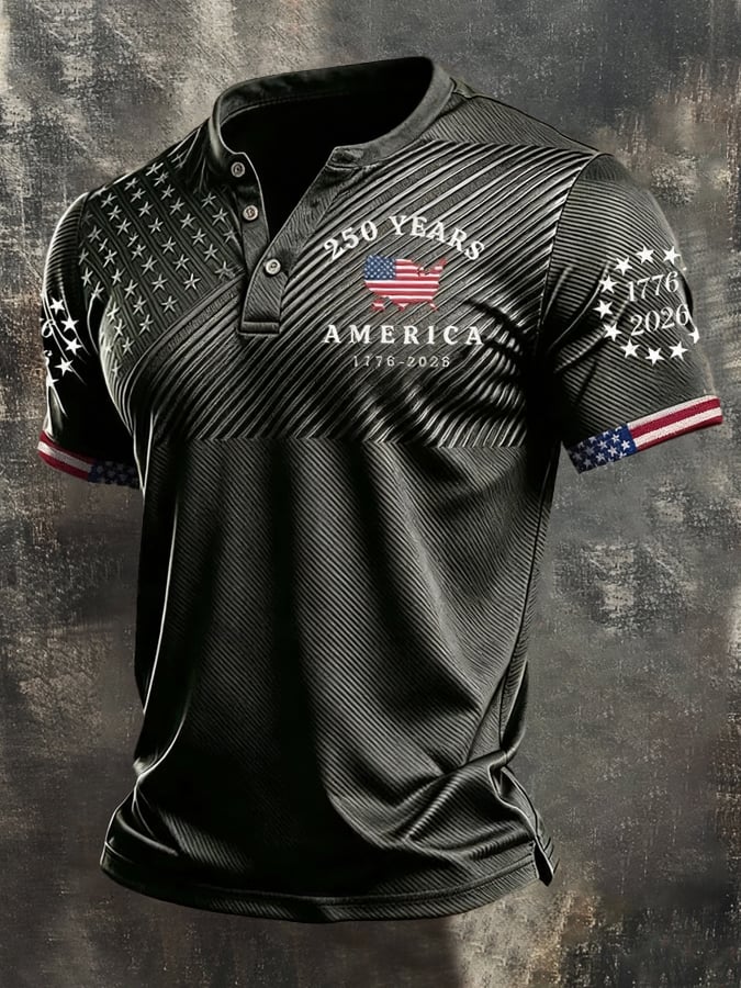 Camisa retro Patriotic Color-Block de manga corta Henley para hombre