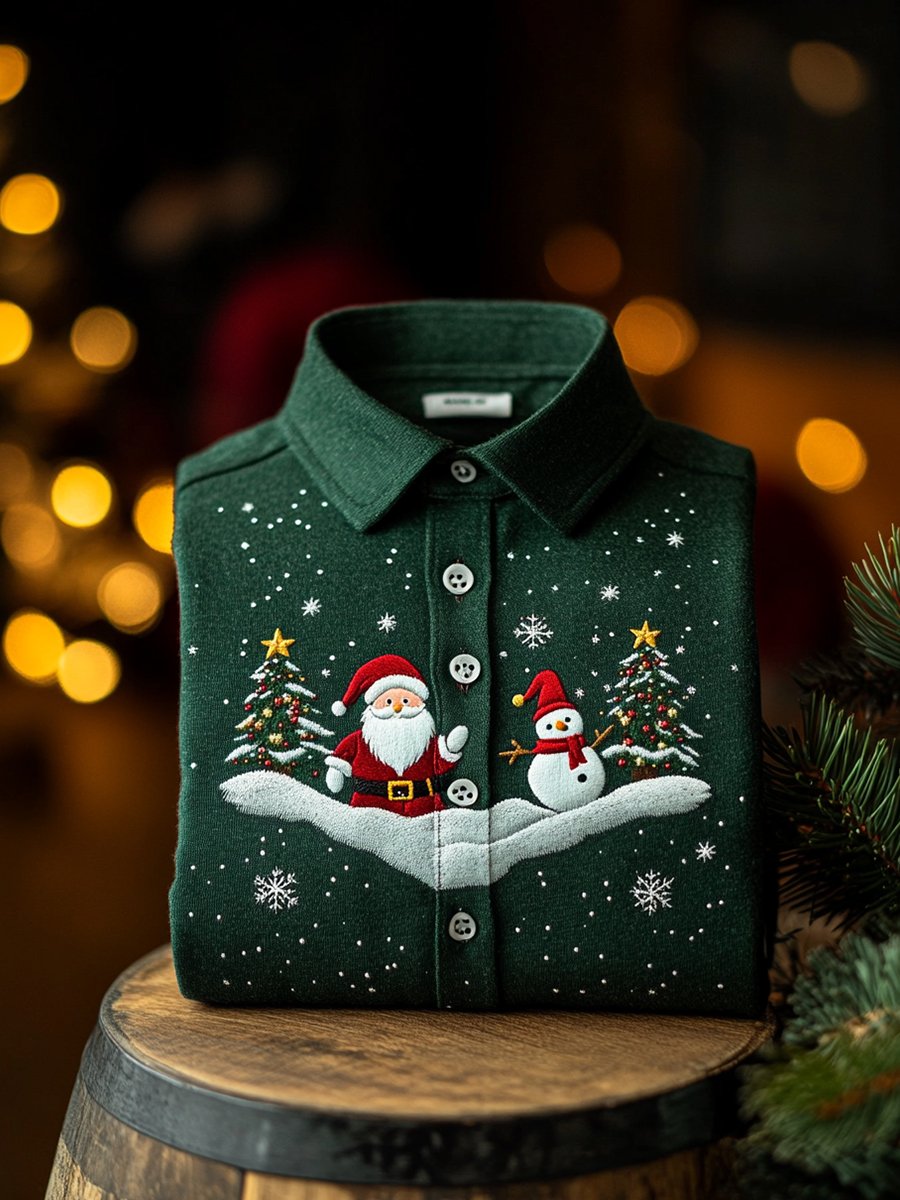 Camisa Buy 3 Get 15% OFF✨ ejecutivo Santa Claus and Christmas Snowman de manga larga para hombre