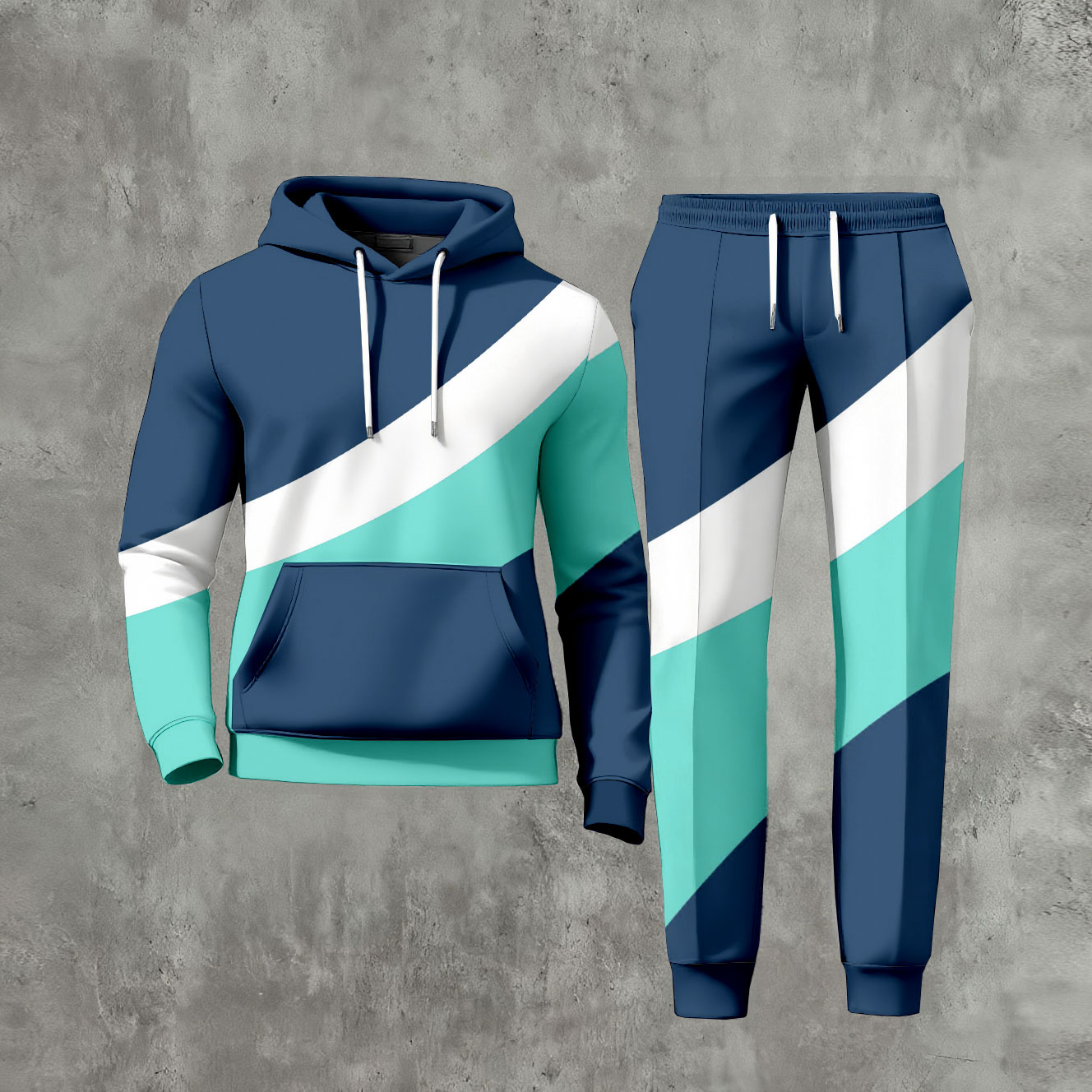 Conjunto de dos piezas casual Blue Color Matching estampado de manga larga sudadera con capuchas sudadera & Trousers para hombre