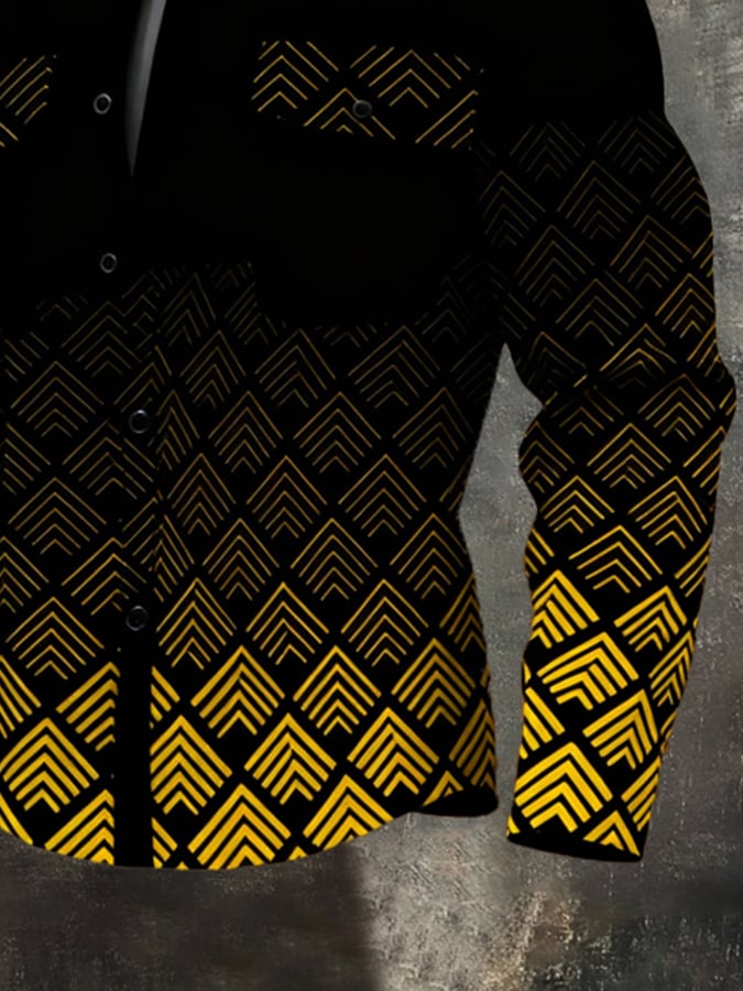 Camisa vintage Color-Block estampado de manga larga para hombre