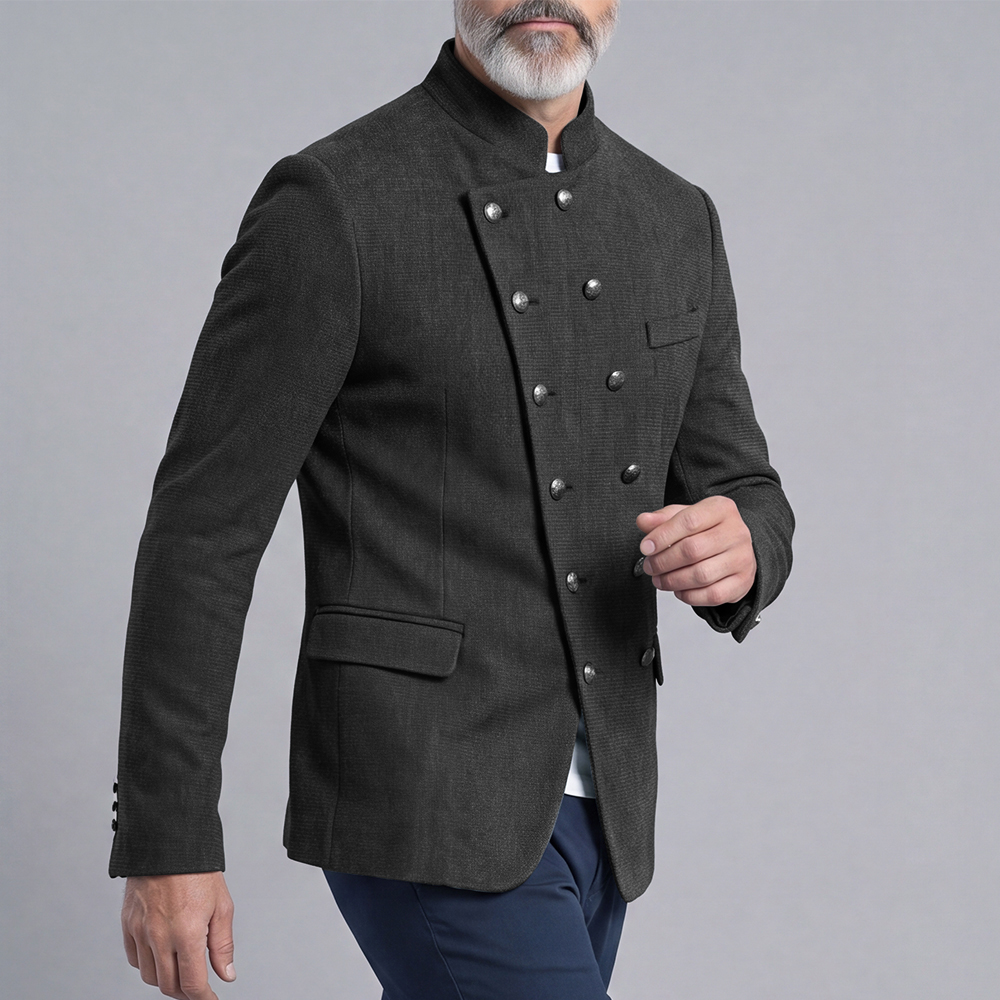 Double-Breasted Slim-Fit Stand-Up Collar Suit with Diagonal Placket para hombre