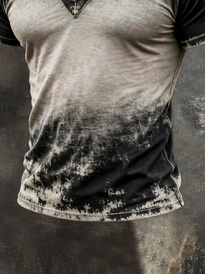 para hombre retro Distressed en bloques de color V-Neck de manga corta Top