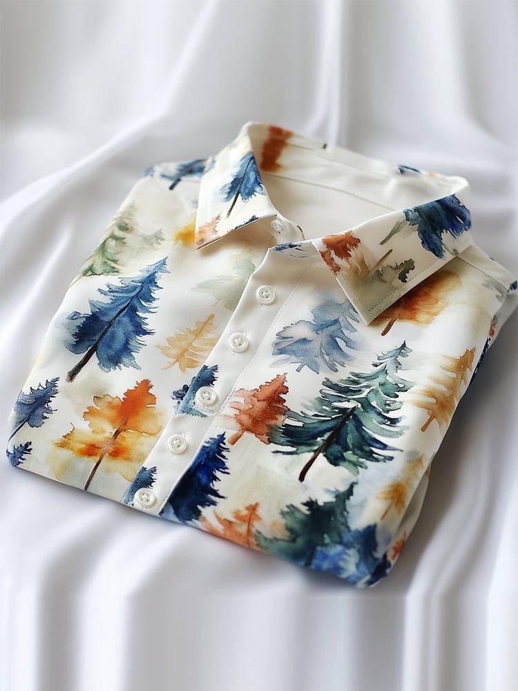 Camisa ejecutivo casual Watercolor Tree solapa de manga corta para hombre