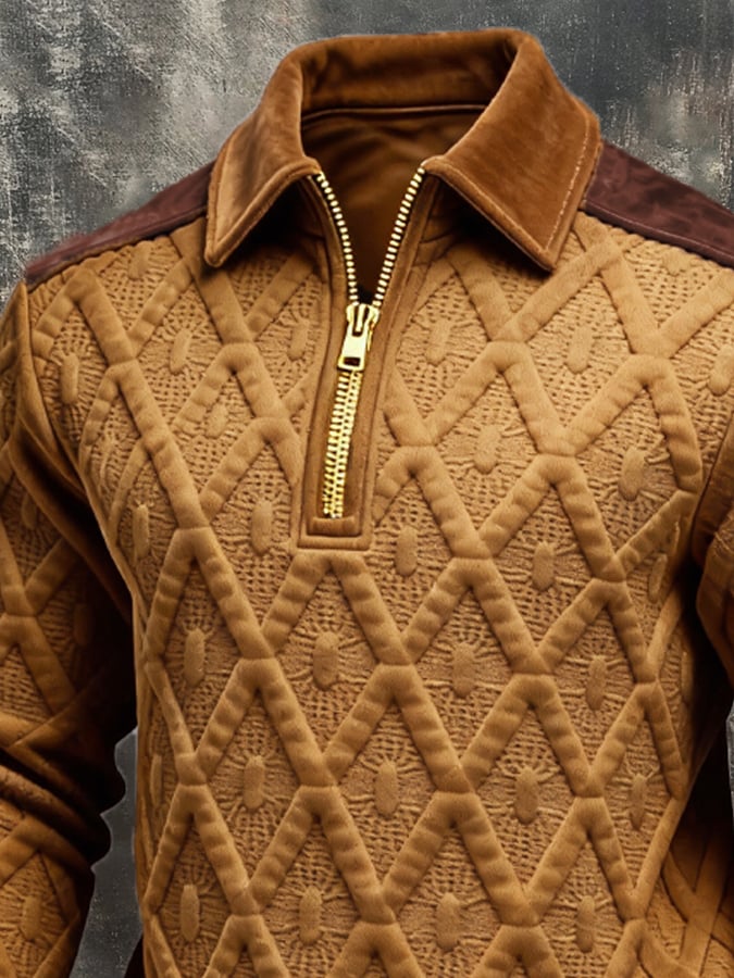 Sudadera retro jacquard texturizado Patchpara trabajo Comfortable Color-Blocked con cierre para hombre