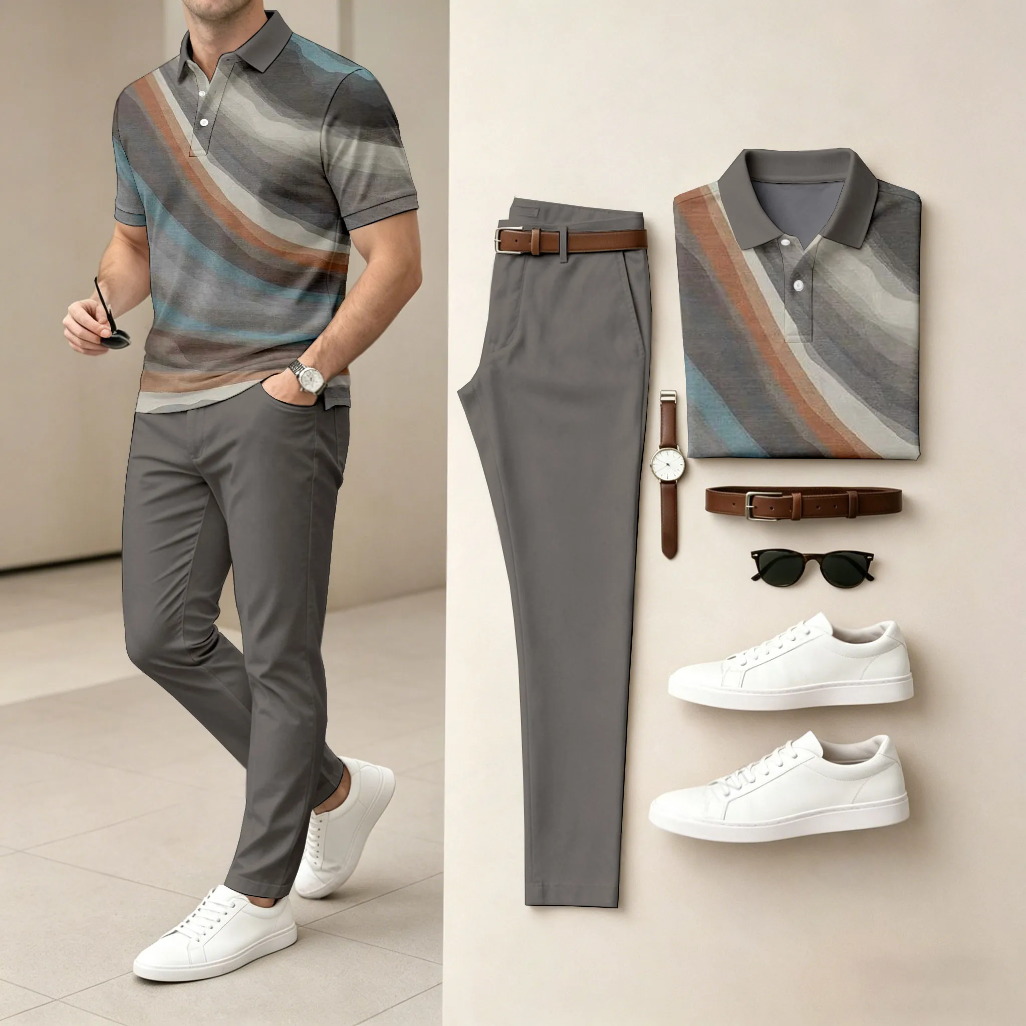 Conjunto de dos piezas Dark Gray Geometry casual estampado camisa polo And pantalón para hombre