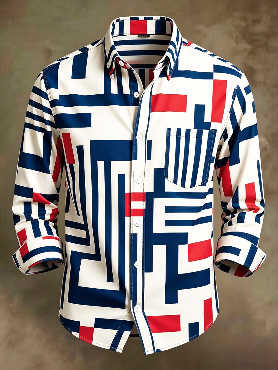 Camisa retro ejecutivo Bag House Geometric de manga larga para hombre