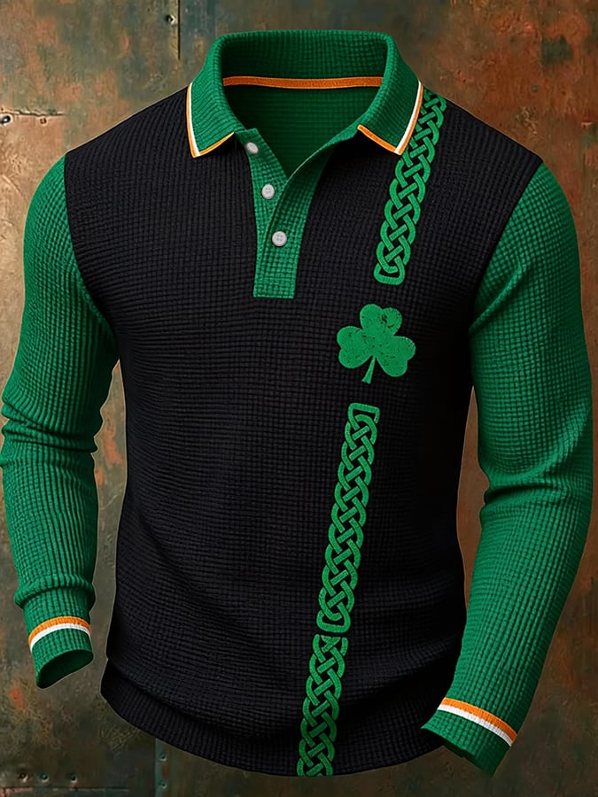 Camisa polo casual retro St. Patrick's Day tejido tipo waffle para hombre