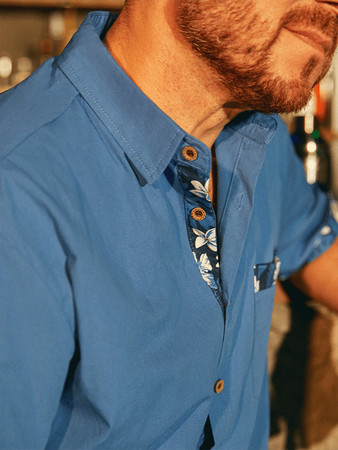 Camisa hawaiano Contrast Patchpara trabajo Design estampado With bolsillos de manga corta para hombre