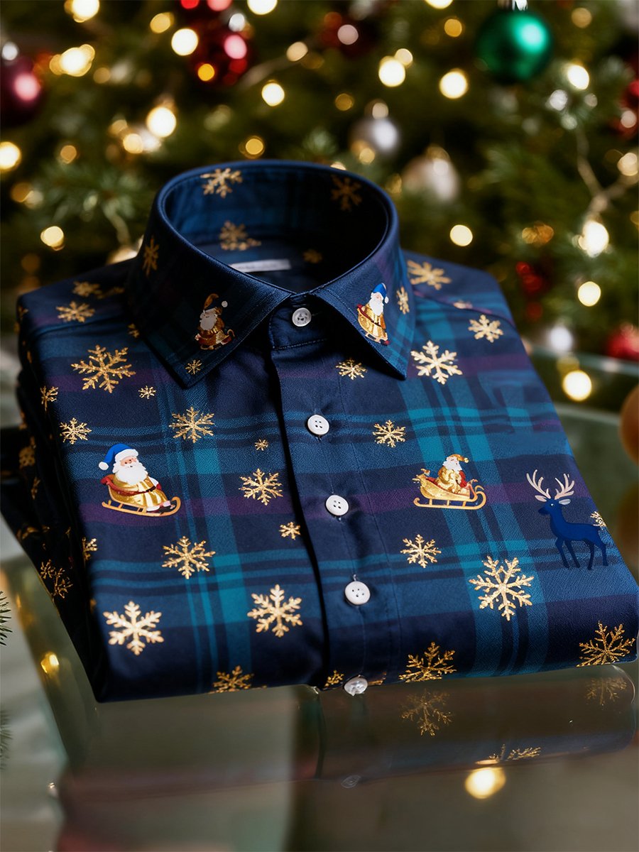 Camisa Christmas de manga larga con botones para hombre