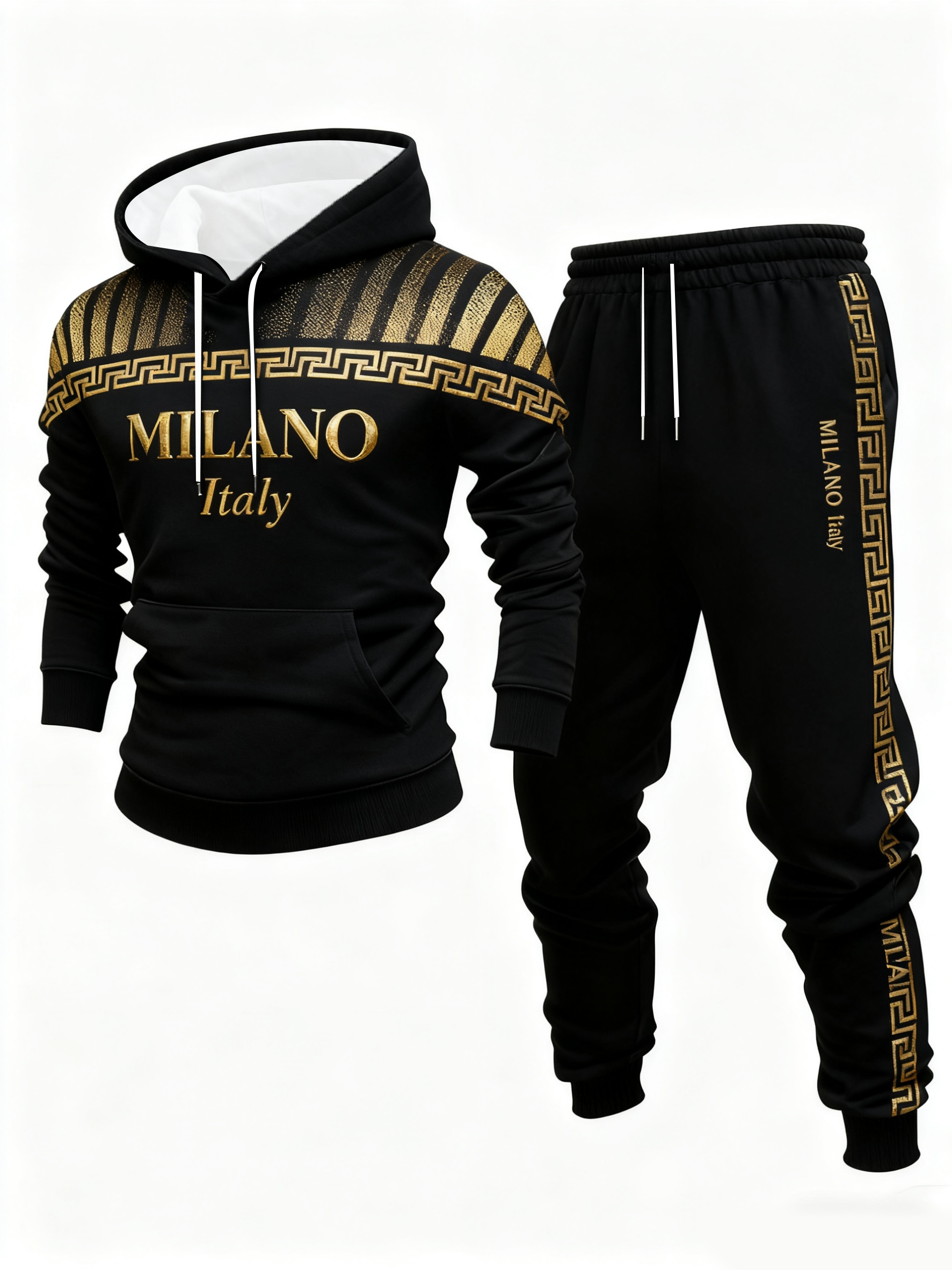 para hombre casual Black & Gold Color Matching estampado sudadera con capuchas de manga largad Sweacamisetas & Sweatpantalón conjunto de dos piezas