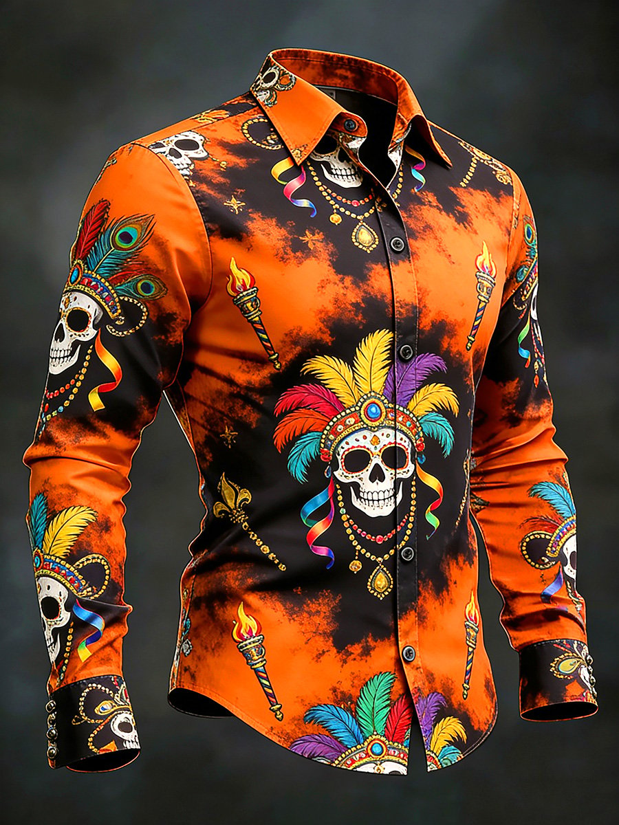 Camisa retro Carnival Skull de manga larga para hombre