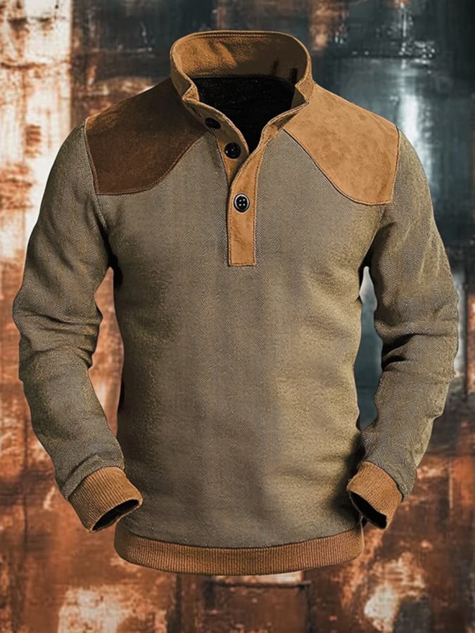 Sudadera casual retro Contrast Color Stand cuello de manga larga para hombre
