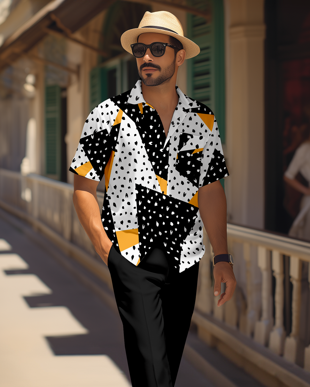 Camisa retro colorblock de manga corta walking Suit 1692 para hombre