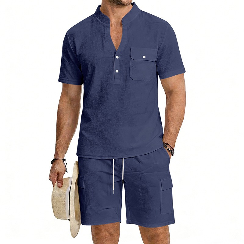 Conjunto de dos piezas European Style de lino casual Stand Collar de manga corta camisa and Cargo shorts Set, Lightweight transpirable Summer Outfit, holgado Fit Drawstring for Beach Vacation Travel Resort Streetwear Comfortable elegante Loungewear para hombre