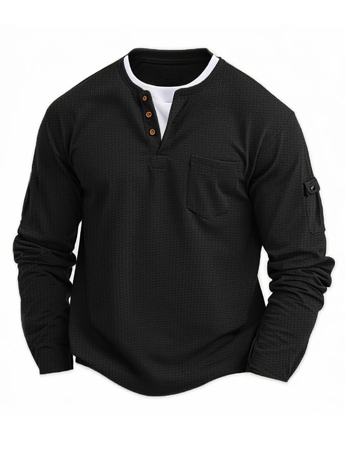 Vintage Basic Waffle de manga larga Henley para hombre