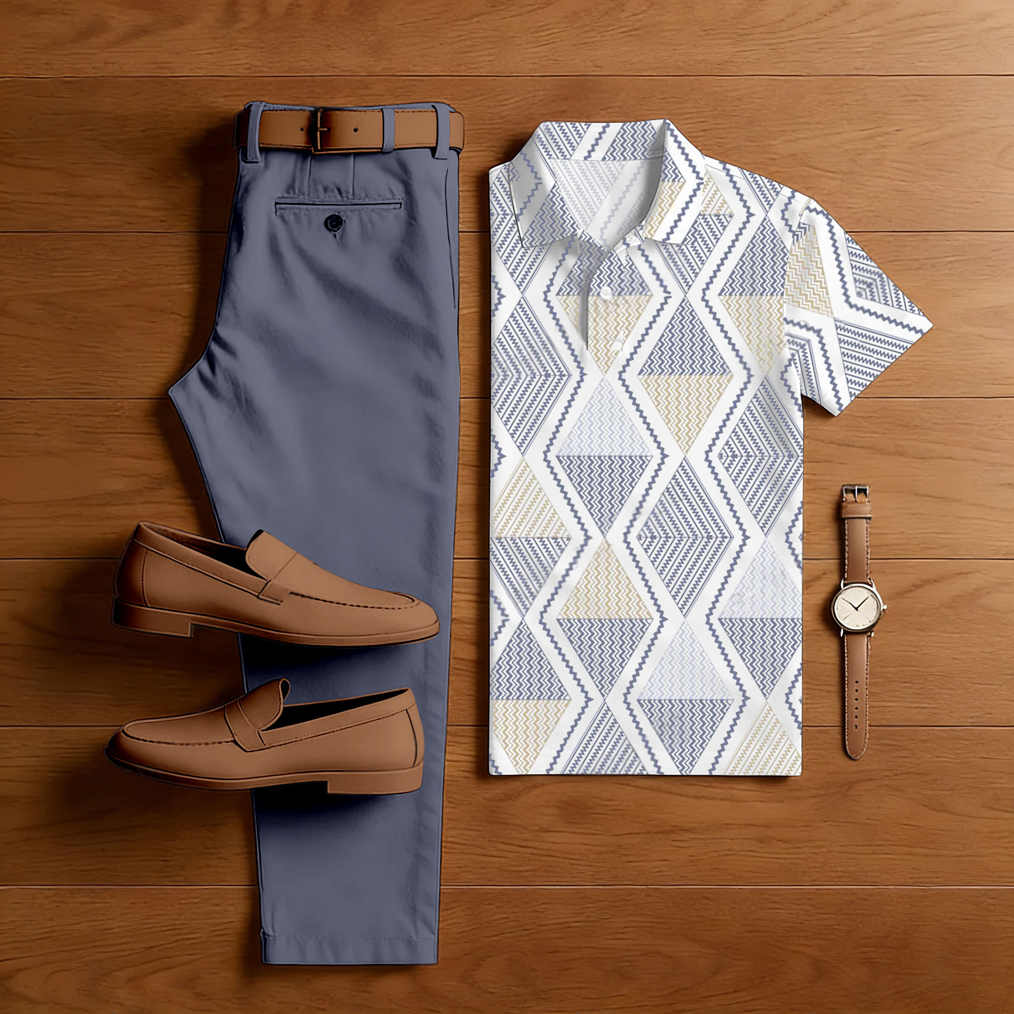 Conjunto de dos piezas casual Purple & White Color Matching retro Style estampado de manga corta camisa polo & Trousers para hombre