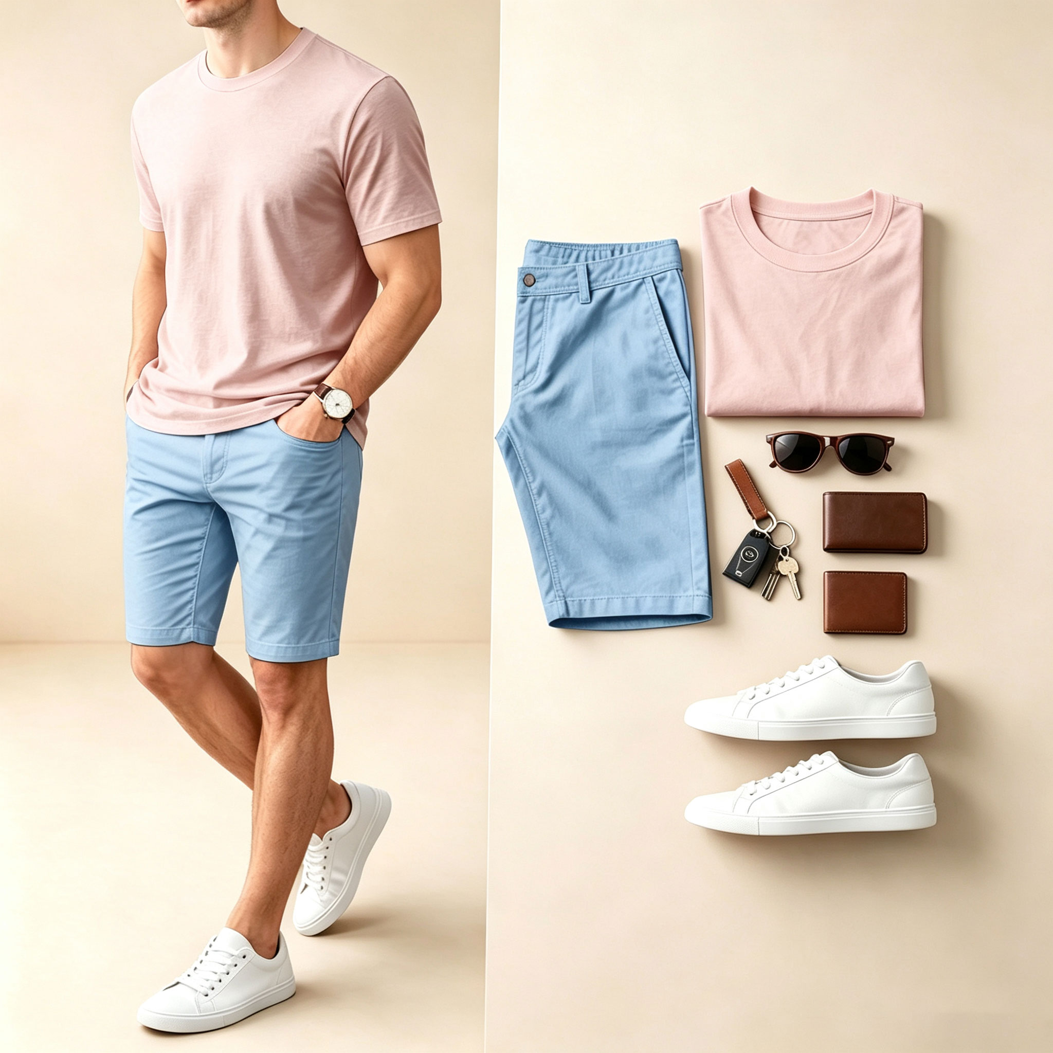 Conjunto de dos piezas casual Solid-Color Crew-Neck de manga corta camiseta And shorts para hombre