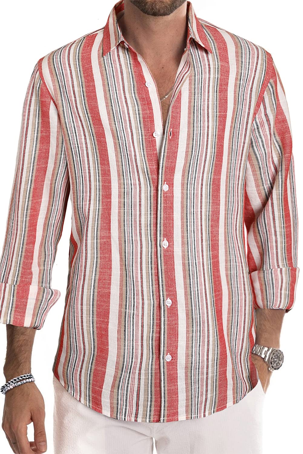 Camisa de vestir JMIERR de lino camisas casual de manga larga con botones a rayas para hombre