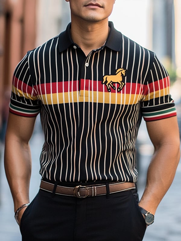 Camisa polo ejecutivo rayas Logo con botones de manga corta para hombre