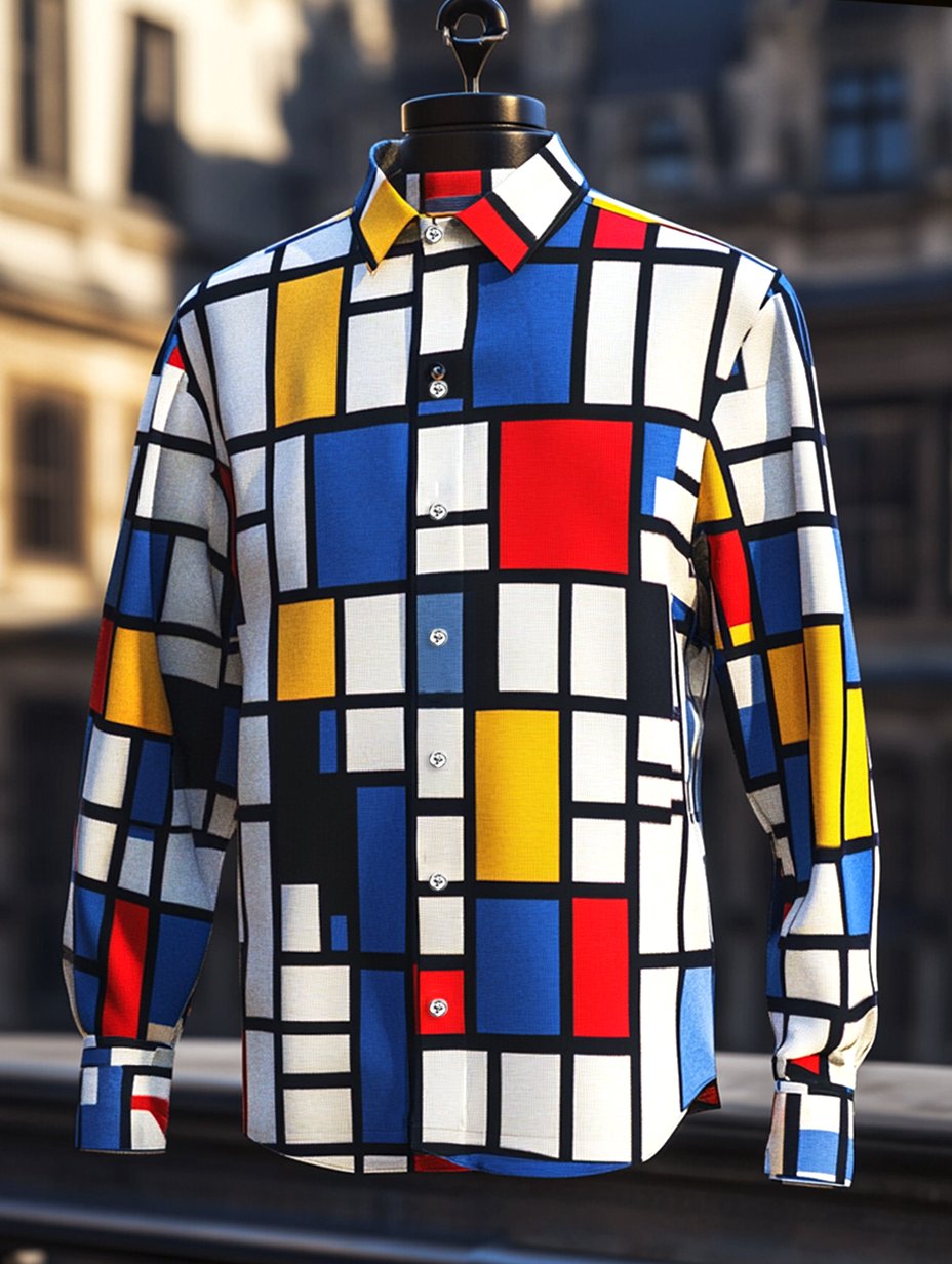 Camisa satén geométrico casual de manga larga con botones para hombre