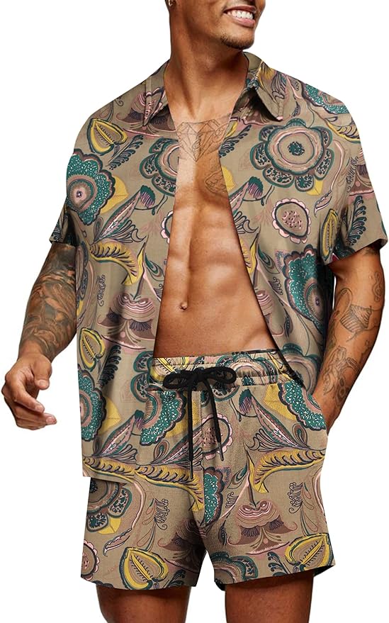 Camisa Dark Beige de manga corta & shorts Set para hombre