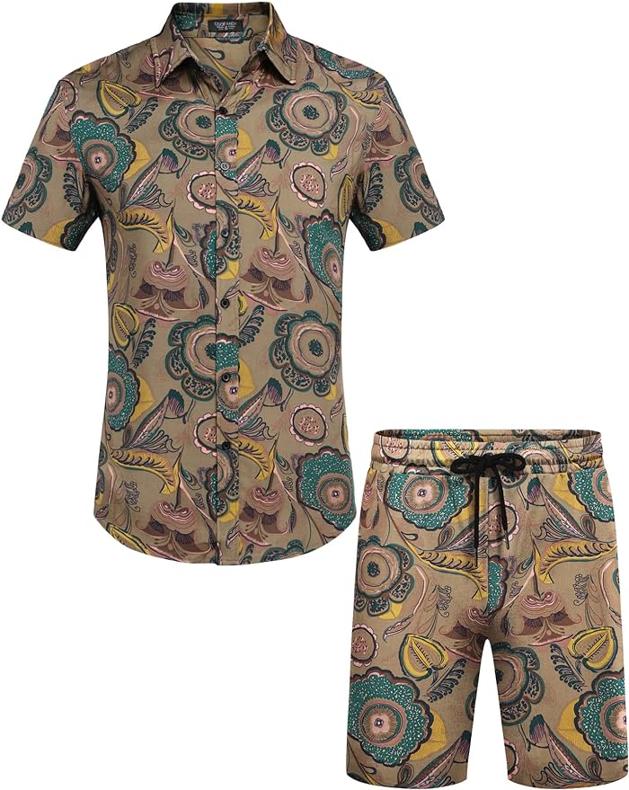 Camisa Dark Beige de manga corta & shorts Set para hombre