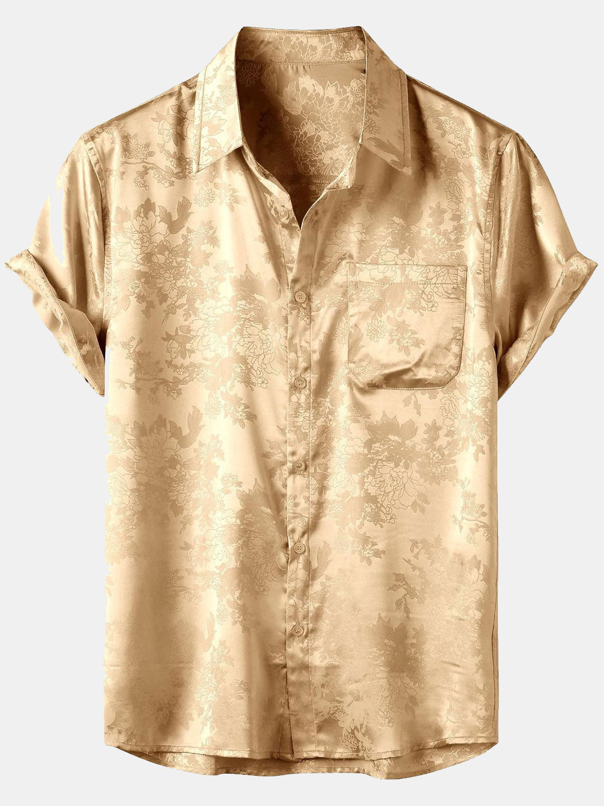 Camisa floral Jacquard Pocket Silky Satin de manga corta para hombre