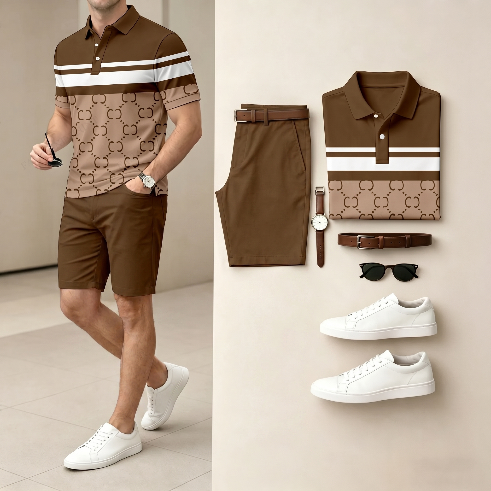 Conjunto de dos piezas casual Brown And White Color Spliced rayas camisa polo & shorts para hombre