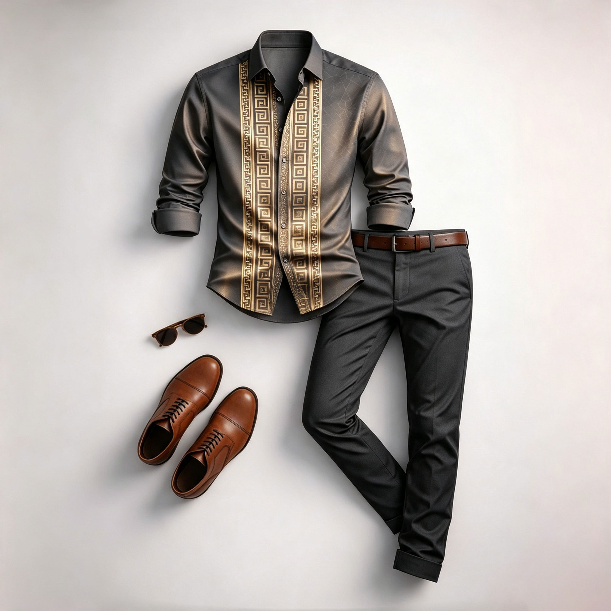 para hombre Symmetrical Print de manga larga camisa and pantalón Set