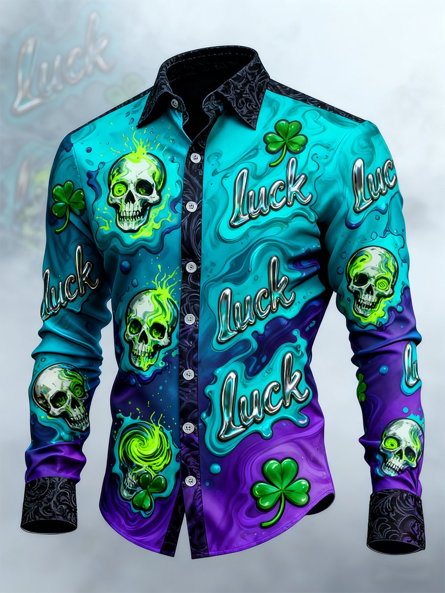 Camisa retro St. Patrick's Day Skull de manga larga para hombre