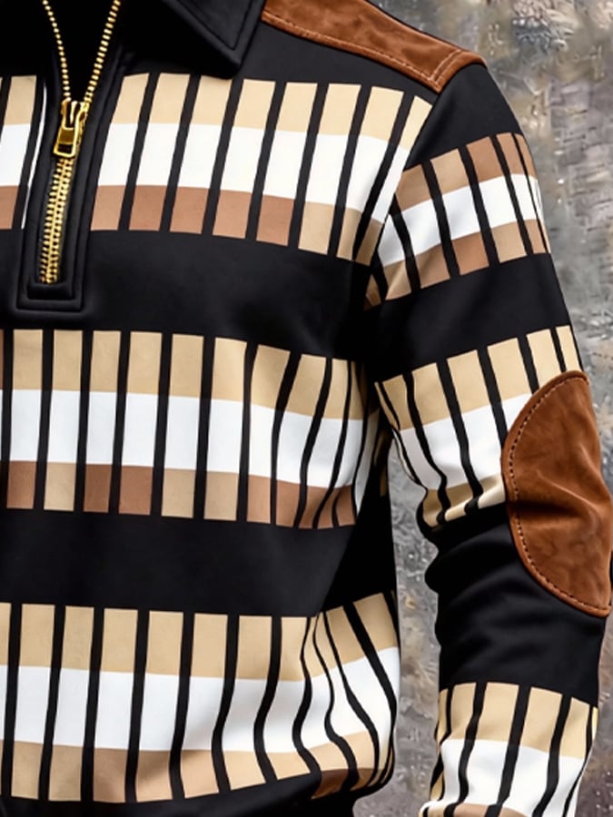 para hombre retro en bloques de color Print Zipper Sweacamiseta